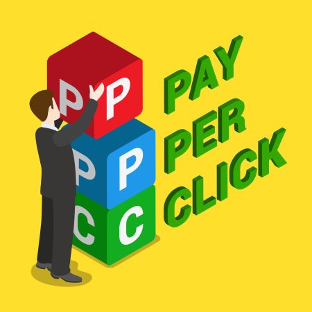 PPC pay per click flat 3d isometry isometric concept web vector illustration. Businessman placing box with P P C letters. Creative people collection.