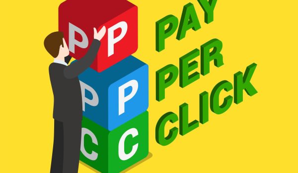 PPC pay per click flat 3d isometry isometric concept web vector illustration. Businessman placing box with P P C letters. Creative people collection.